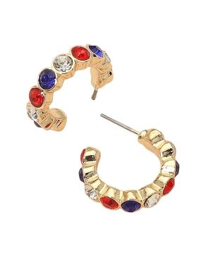 Gold Hoop Earrings with Red, Blue & Clear Stones - Women Jewelry Patriotic
